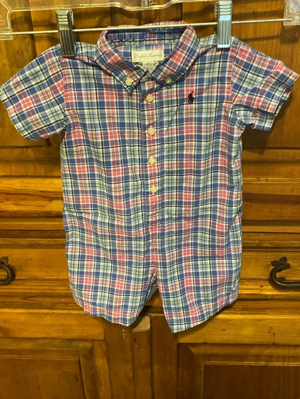 Ralph Lauren Baby Boy Plaid Short Sleeve Shortall Romper size 6 months